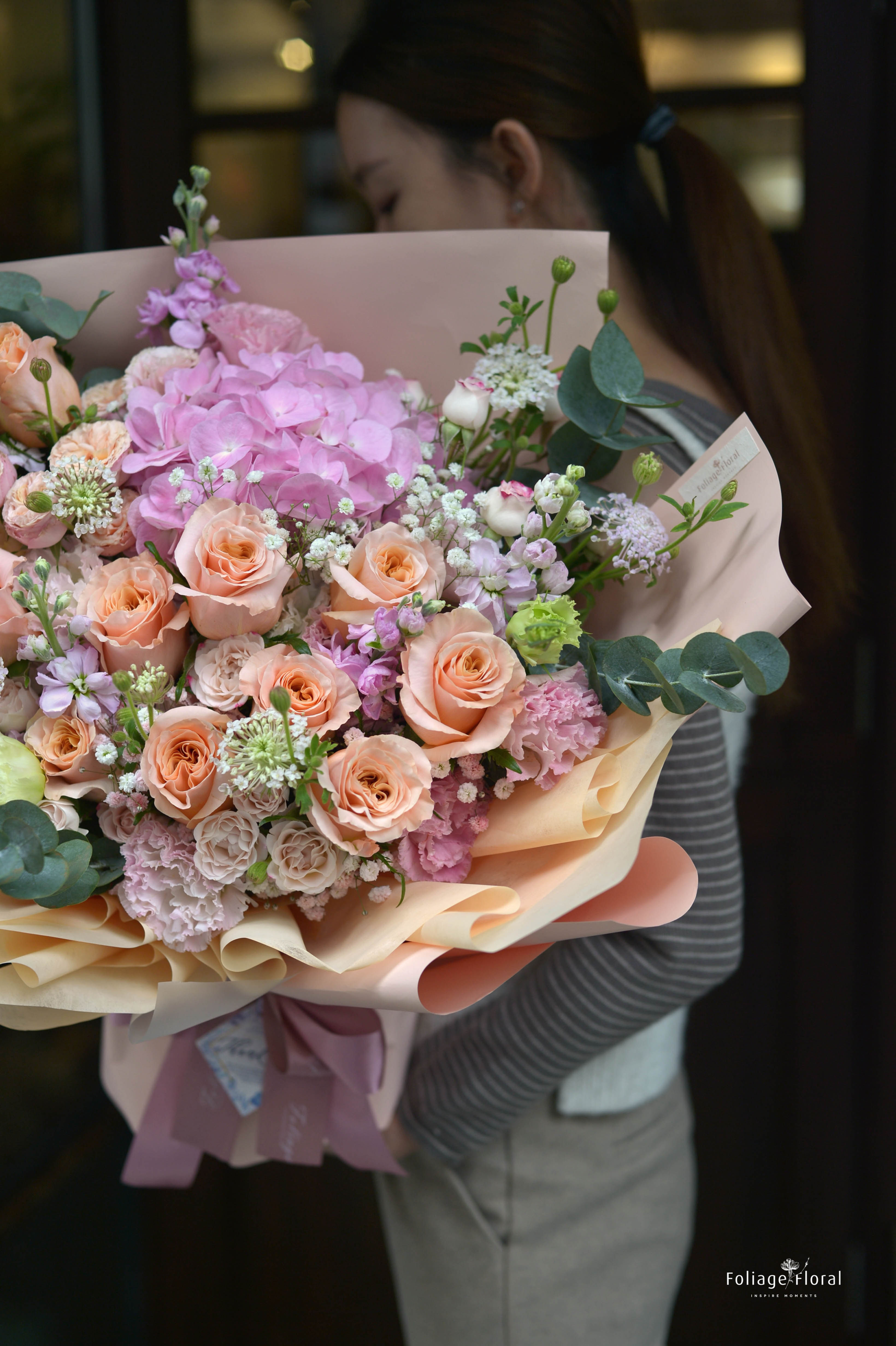 Pink Hydrangeas with Peach Roses｜Flower Bouquet