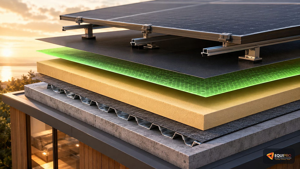 Cross-section of a flat roof showing a fire-resistant mitigation layer beneath solar panels