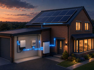 Modern UK home with solar panels and battery storage system for domestic energy storage