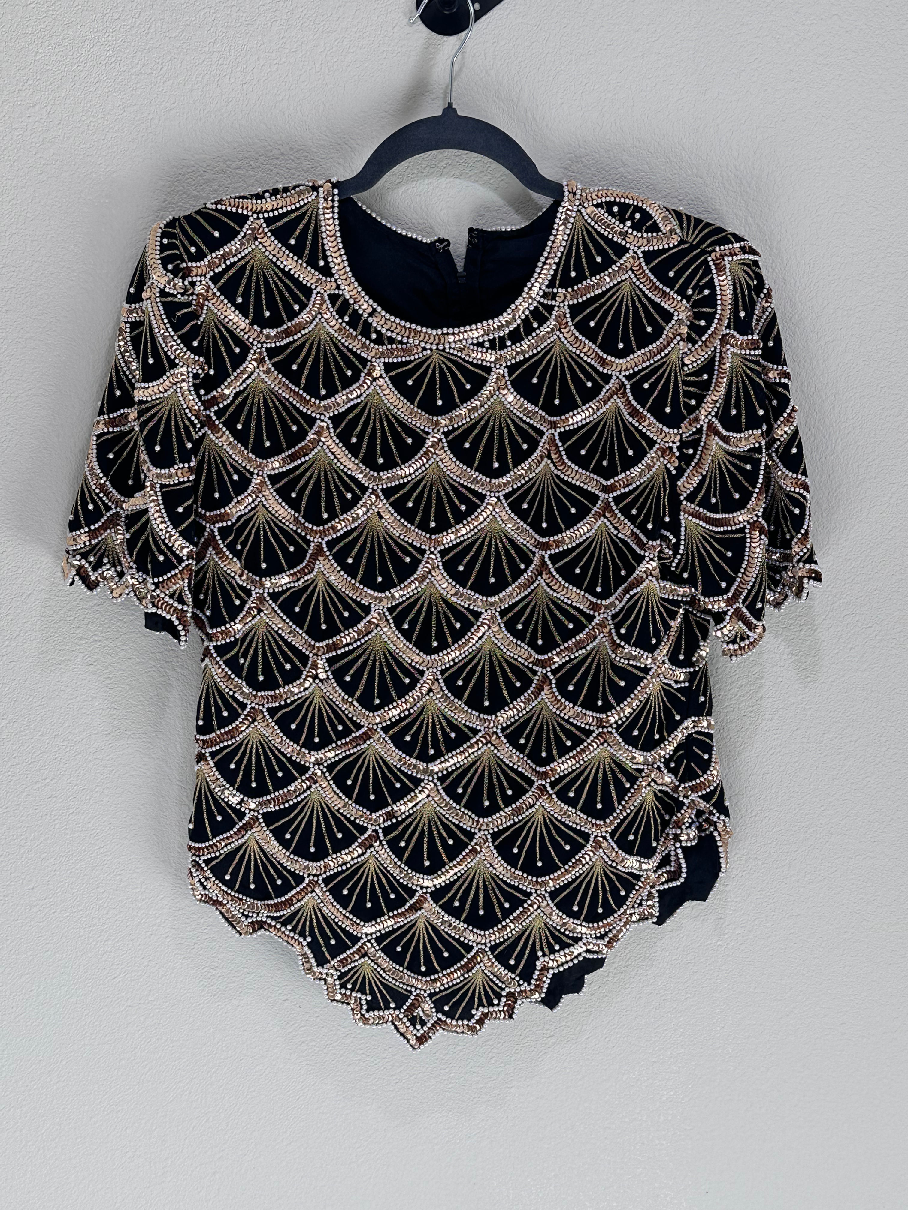 Vintage Laurence Kazar silk beaded pearls top