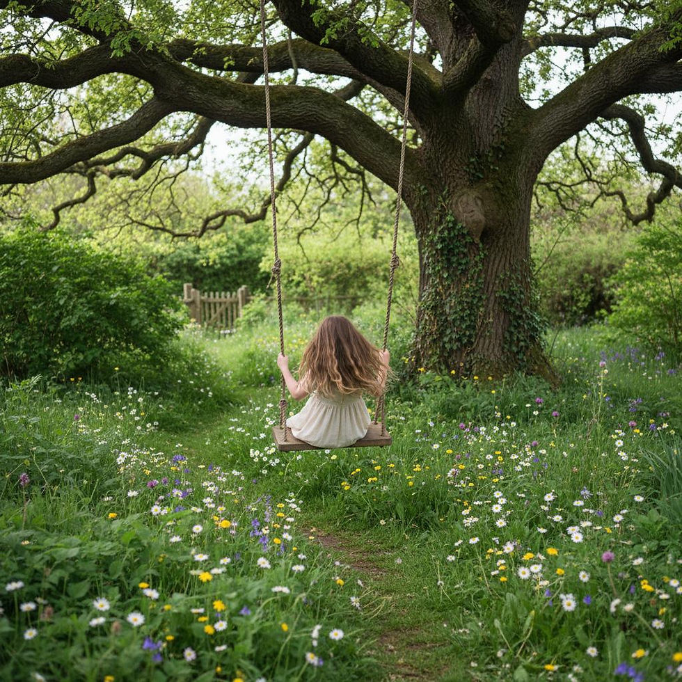 Liten flicka gungar i stort träd med blommor under, naturlig, lekfull ro i trädgården