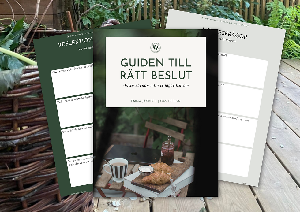 Mockup av 'Guiden till rätt beslut' med tre sidor synliga, ogräskorg och fallna rosenblad på trädäck, naturlig trädgårdsinspiration