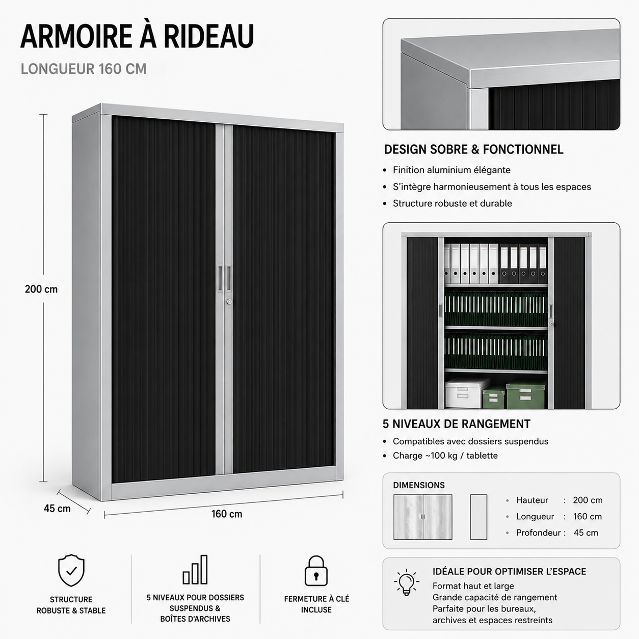 Armoire à Rideaux H200 L160 P45