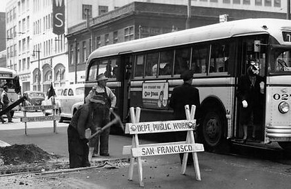 1949 - Repair crew from the Department of Public Works working at Mission and 4th streets.