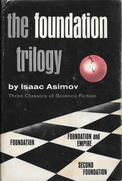 Cover of "The Foundation Trilogy" by Isaac Asimov, features a cracked red sphere and diagonal black and white patterns with book titles.