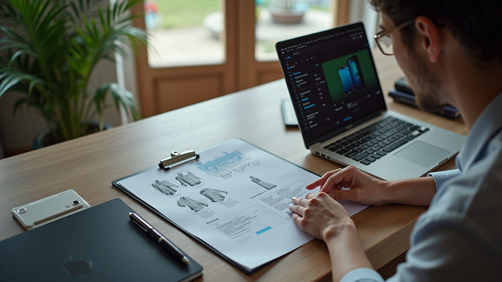 High angle view of a designer working on branding materials on a laptop
