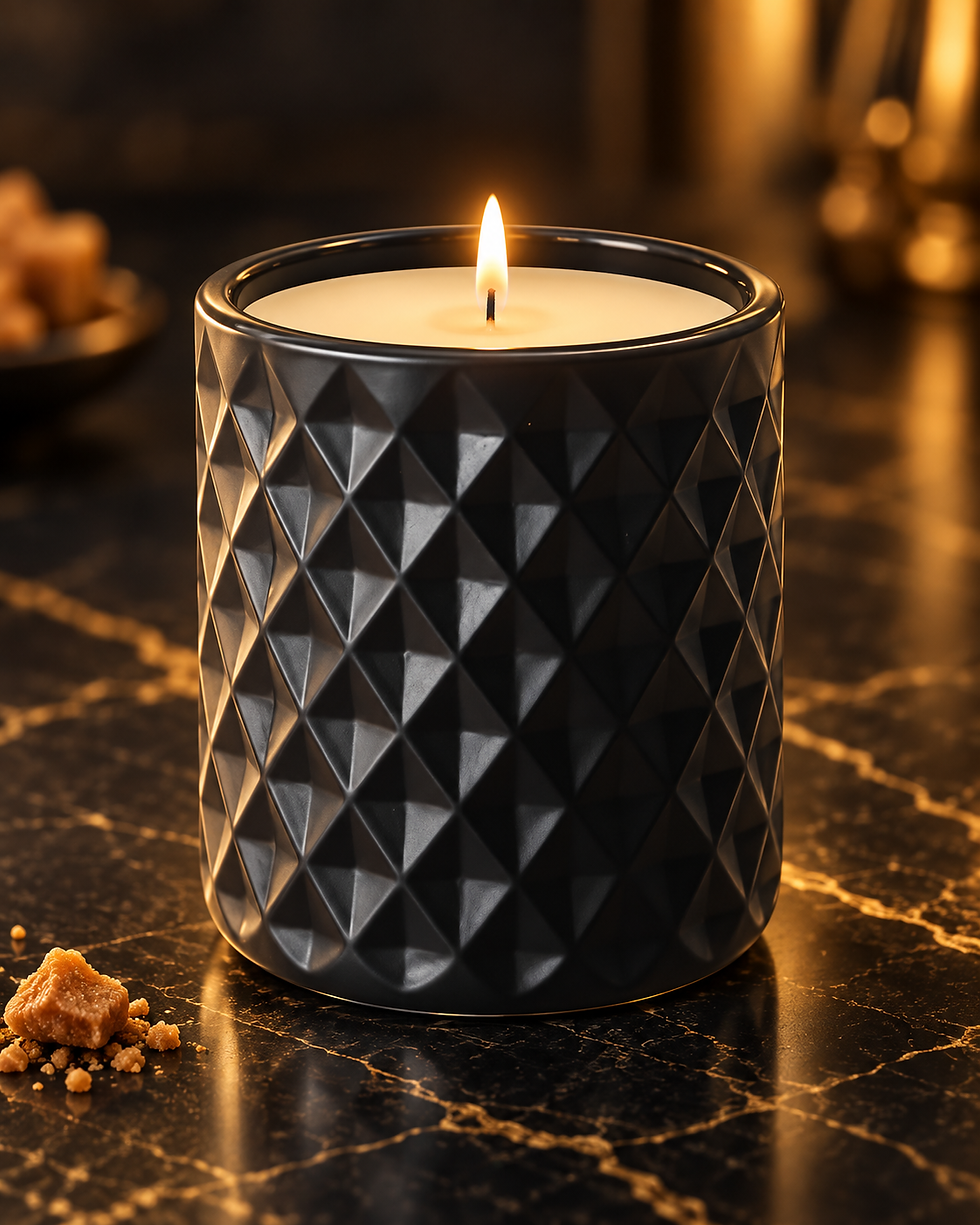 Lit Caramel Crumb Ritual Candle in a black textured jar