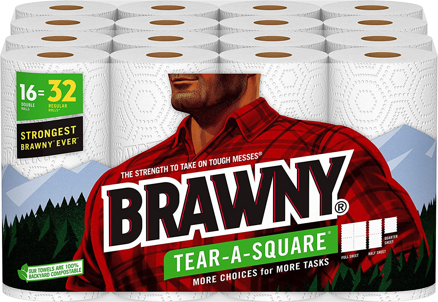 Brawny Tear-A-Square Paper Towels, 16 Double Rolls = 32 Regular Rolls
