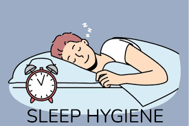 Cartoon-style illustration of a person peacefully sleeping in bed with an alarm clock and the words SLEEP HYGIENE