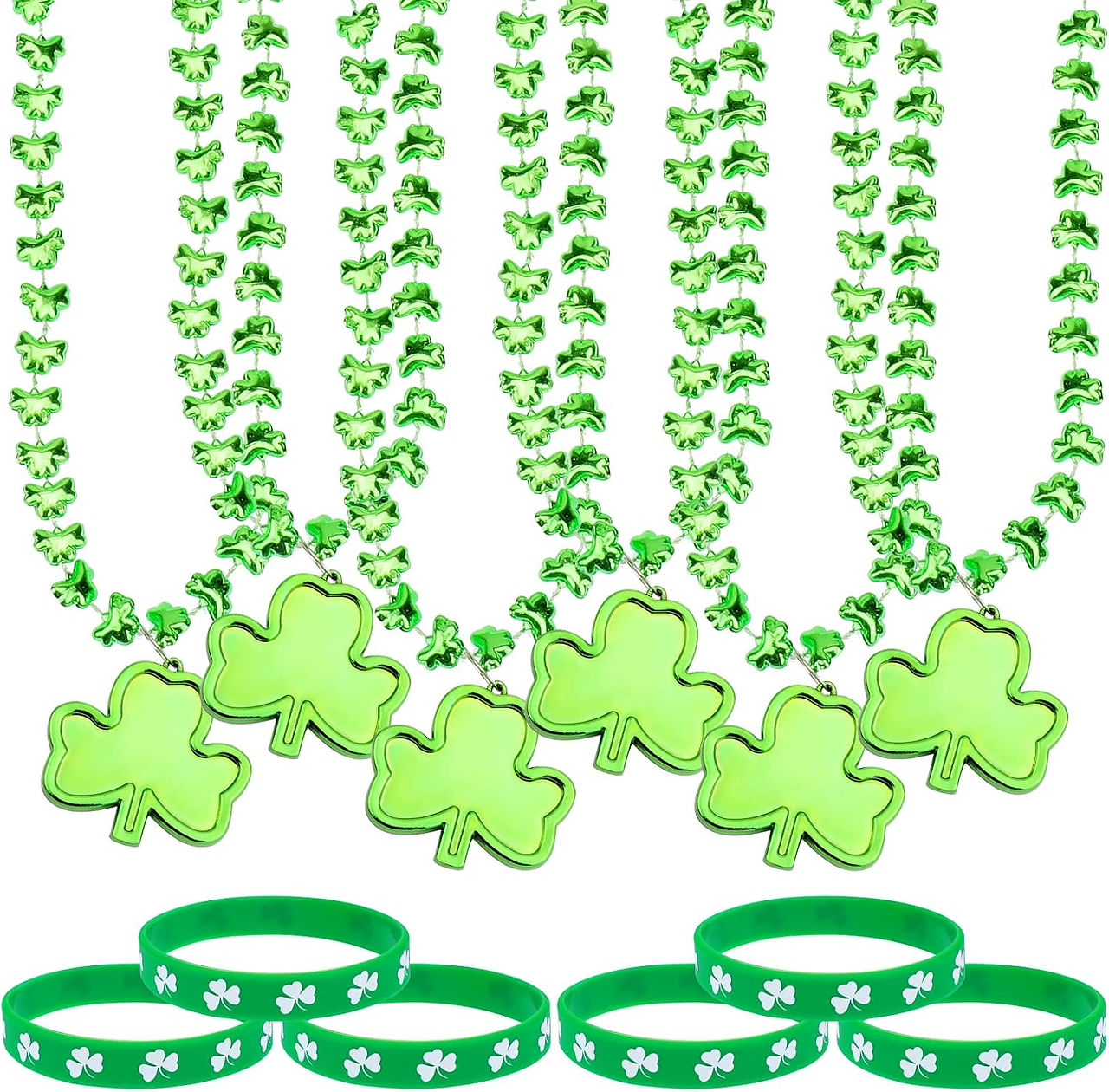 Pack of 12 St Patrick's Day Necklace Bracelets, 6 Clover Leaf Necklaces, 6 Green Clover Rubber Bracelets, for Children, Women, Men, Irish St. Patrick's Day Party Gifts, Costume Decoration