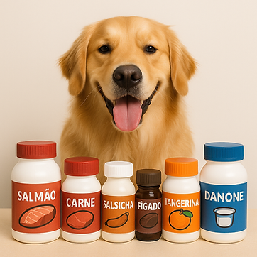 Cachorro olhando os medicamentos com sabores da upvet bh