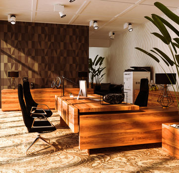 Modern office interior with wood furniture, large windows, and plants