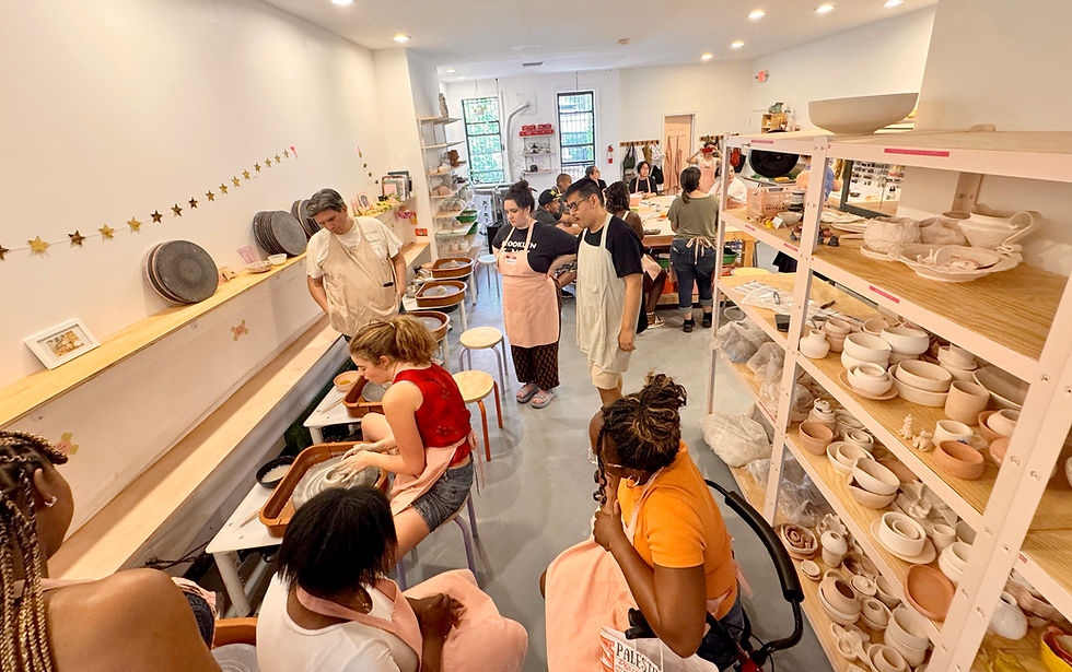 Image of several individuals having fun at bushwick ceramics. The image shows three different classes.