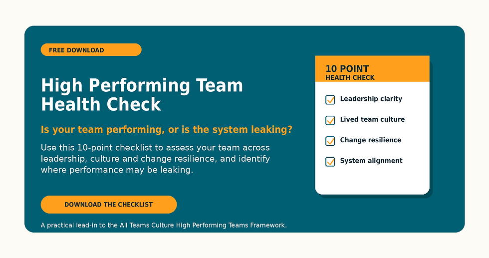 Download flyer offers "High Performing Team Health Check" with a 10-point checklist on leadership, culture, and resilience. Orange and teal design.