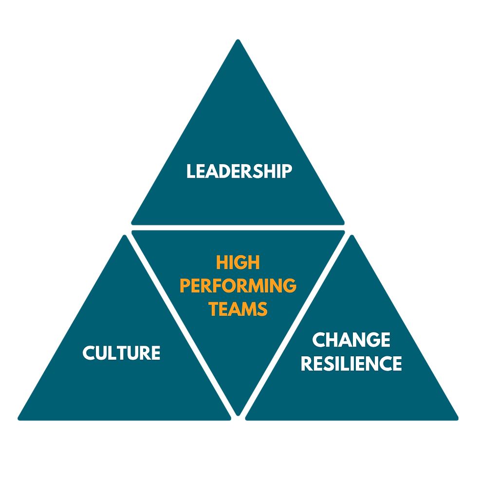 All Teams Culture High Performing Teams Framework Teal triangle chart with "Leadership," "Culture," and "Change Resilience" sections. Central orange text: "High Performing Teams."