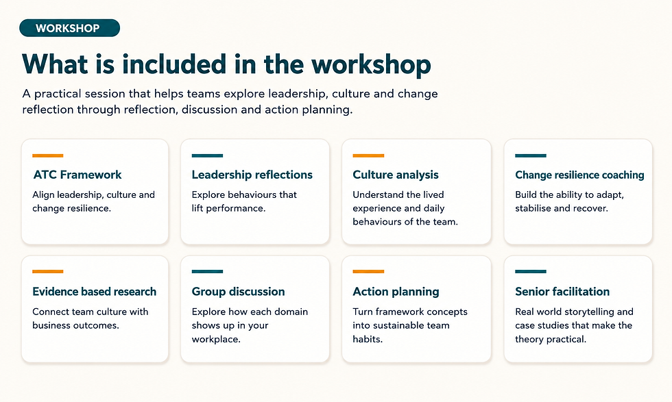 Workshop overview image with text on leadership, culture, and change. Includes sections on frameworks, reflections, analysis, coaching, and planning.