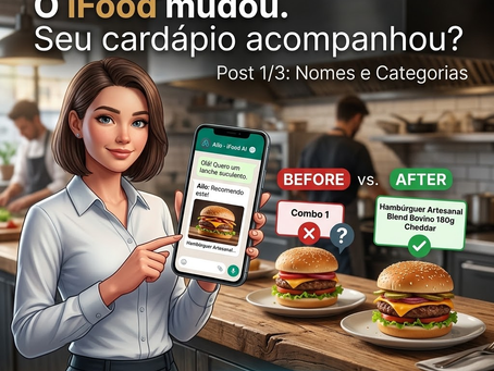 Ilustração em estilo 3D de uma mulher segurando um smartphone que exibe uma conversa no WhatsApp com a Inteligência Artificial do iFood recomendando um hambúrguer. No topo, há o título principal 'O iFood mudou. Seu cardápio acompanhou? Post 1/3: Nomes e Categorias', acompanhado da logo da Operação Delivery. Ao lado da mulher, sobre uma bancada rústica de madeira, há dois hambúrgueres demonstrando uma comparação de Antes e Depois. O primeiro tem uma etiqueta indicando erro com o nome genérico 'Combo 1'. O segundo tem uma etiqueta verde de acerto com o nome descritivo 'Hambúrguer Artesanal Blend Bovino 180g Cheddar'. Ao fundo, o ambiente desfocado de uma cozinha de restaurante. No canto inferior direito, consta a logo do sistema OD Monitor.