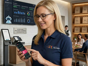 Helena, assistente virtual da Operação Delivery, sorri enquanto usa o celular mostrando uma conversa no WhatsApp com a IA Ailo do iFood, com um restaurante moderno e painel de métricas ao fundo