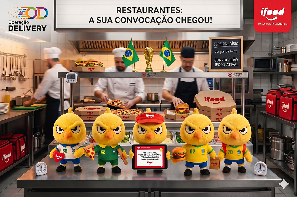 Uma foto vibrante de uma cozinha de restaurante movimentada, com balcões de aço inoxidável e chefs trabalhando ao fundo. No centro, cinco mascotes de pelúcia Canarinhos estão alinhados em um balcão, cada um vestindo uma camisa de futebol do Brasil datada (58, 62, 94, 02, 70) e segurando itens como pizza, coração, hambúrguer, sacolas e um tablet. O tablet do Canarinho central exibe a mensagem "RESTAURANTE, VOCÊ ESTÁ CONVOCADO PARA A CAMPANHA DOS CANARINHOS!". Ao fundo, três chefs preparam comida (hambúrgueres e pizzas). O ambiente tem balanças de cozinha, caixas e sacolas de entrega iFood, utensílios e equipamentos. Na prateleira superior, vêem-se duas bandeiras brasileiras, uma réplica da taça da Copa do Mundo e um letreiro preto no canto superior esquerdo com o logotipo "B2B", "OPERAÇÃO DELIVERY" e um ícone de sacola iFood. Um banner central no topo diz "RESTAURANTES: A SUA CONVOCAÇÃO CHEGOU!". No canto superior direito, o logotipo iFood em um quadro vermelho diz "PARA RESTAURANTES".
