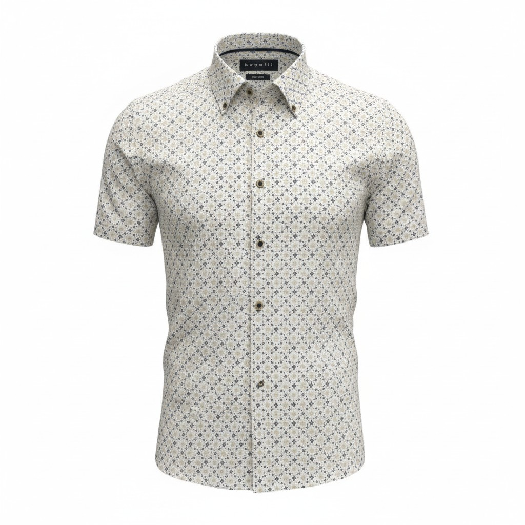 Bugatti Short Sleeve Shirt, Beige/Navy Print