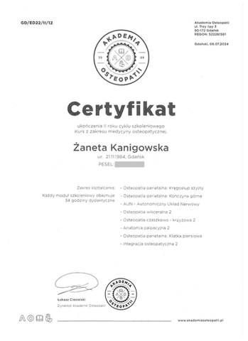 Zaświadczenie ukończenia II roku studiów z zakresu medycyny osteopatycznej