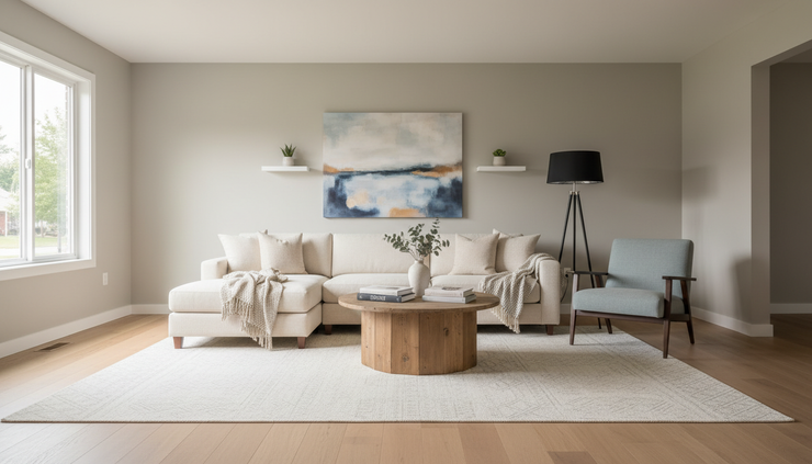 Wide-angle view of a cozy renovated living room with fresh paint and natural light