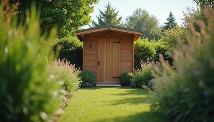 Eye-level view of a wooden garden shed surrounded by greenery