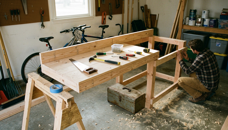 Wide-angle view of a half-built wooden workbench in a quiet garage.