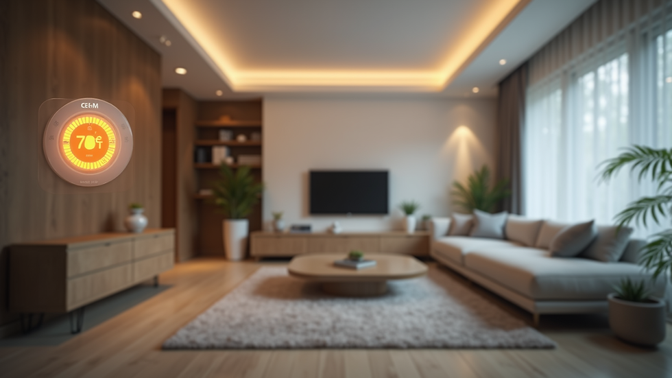 Eye-level view of a modern living room with smart lighting and thermostat