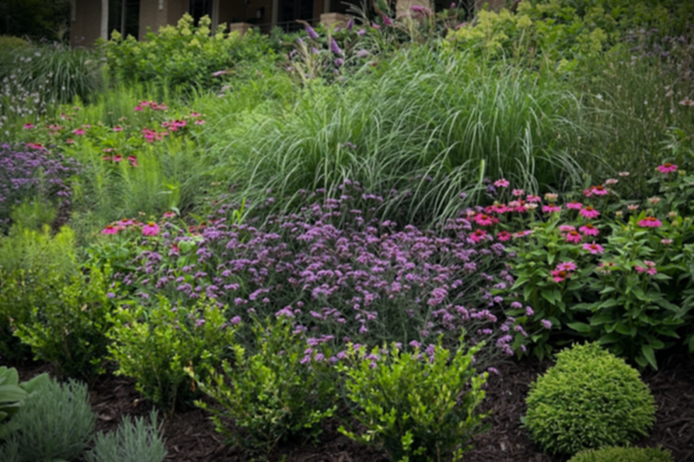 full garden with various perennial flowers