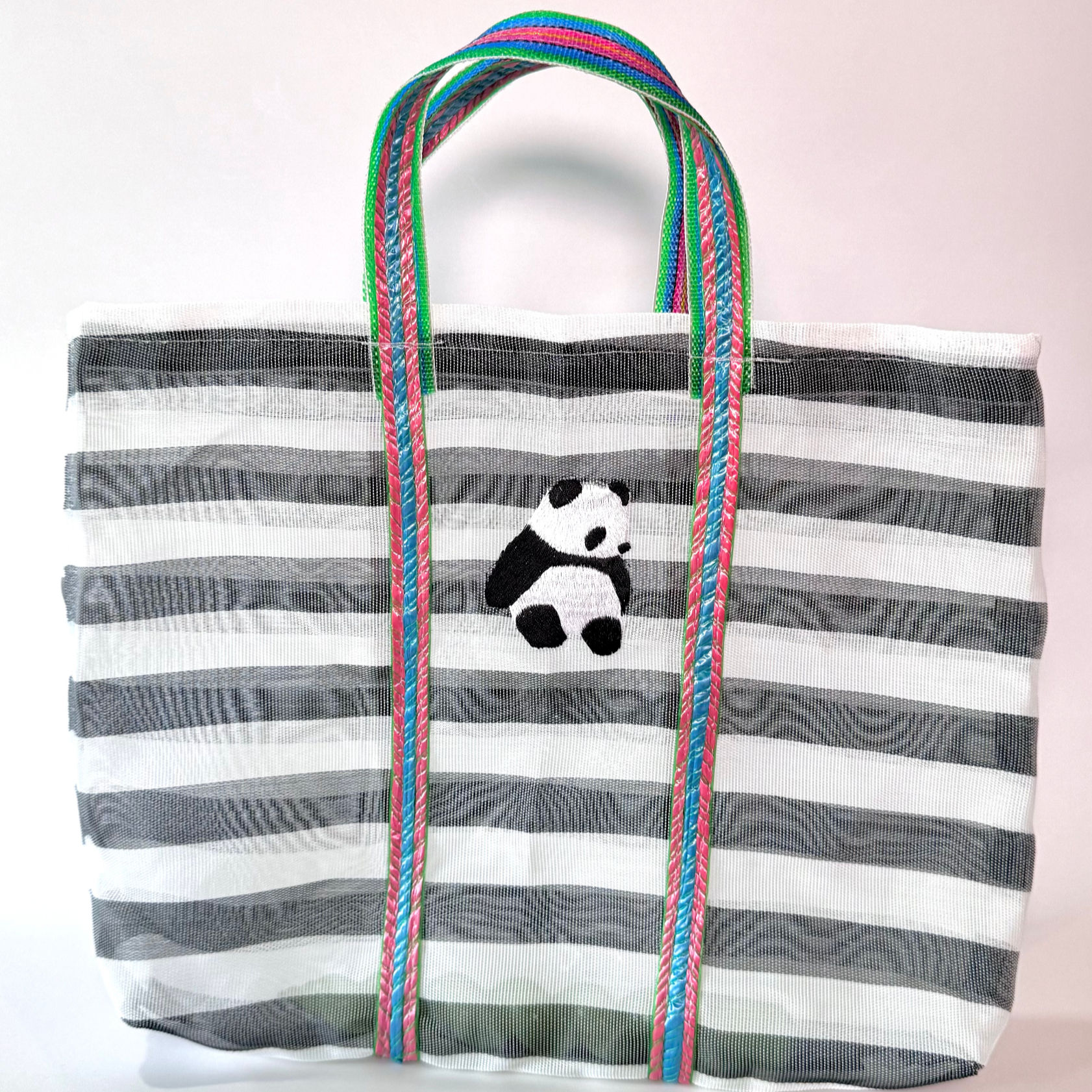 【小花園】パンダ刺繍漁師網バッグBlack