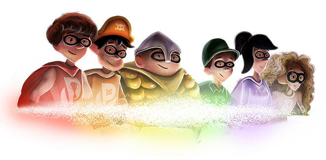 The phyto superhero team group photo from left to right: the champion, the pirate, the knight, the plumber, the scholar, and the electric skeleton.