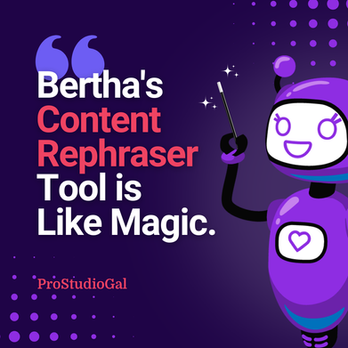 Graphic showing Bertha AI content rephraser tool that quickly rewrites text to improve clarity and engagement