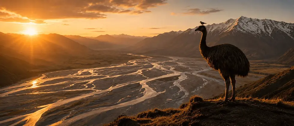 Moa silhouette overlooking a braided river at sunset