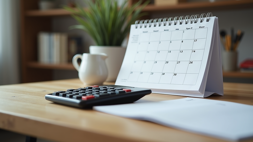 Close-up view of a calendar and calculator on a wooden table