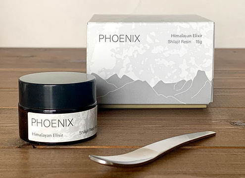 PHOENIX Himalayan Shilajit Resin jar with ritual stirrer and product box