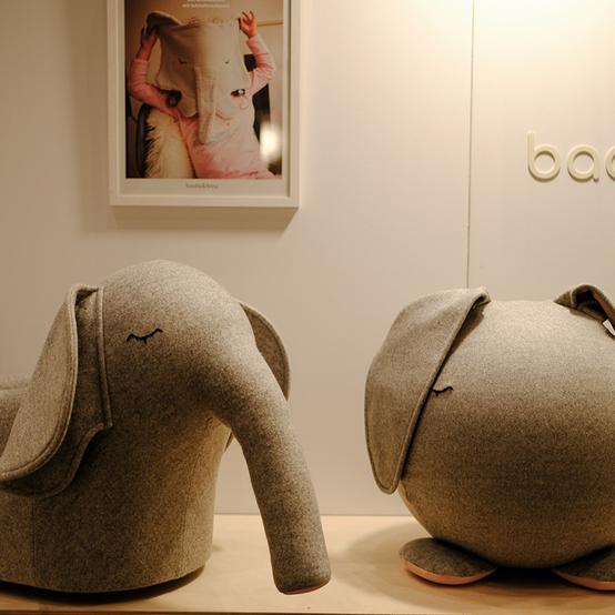 elephant and rabbit play furniture on fair booth at Blickfang design fair