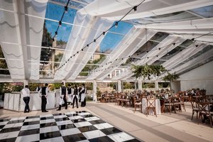 Black and white dance floor in wedding marque Scotland