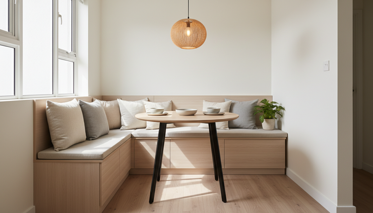 Eye-level view of a flexible dining corner with a built-in bench and soft pendant light
