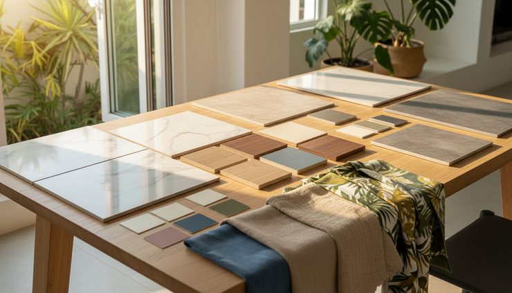 Close-up view of cabinet laminate samples, floor tiles, and fabric swatches arranged on a dining table.