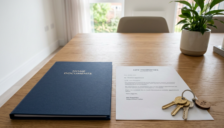 Eye-level view of a new flat key set beside an HDB appointment letter