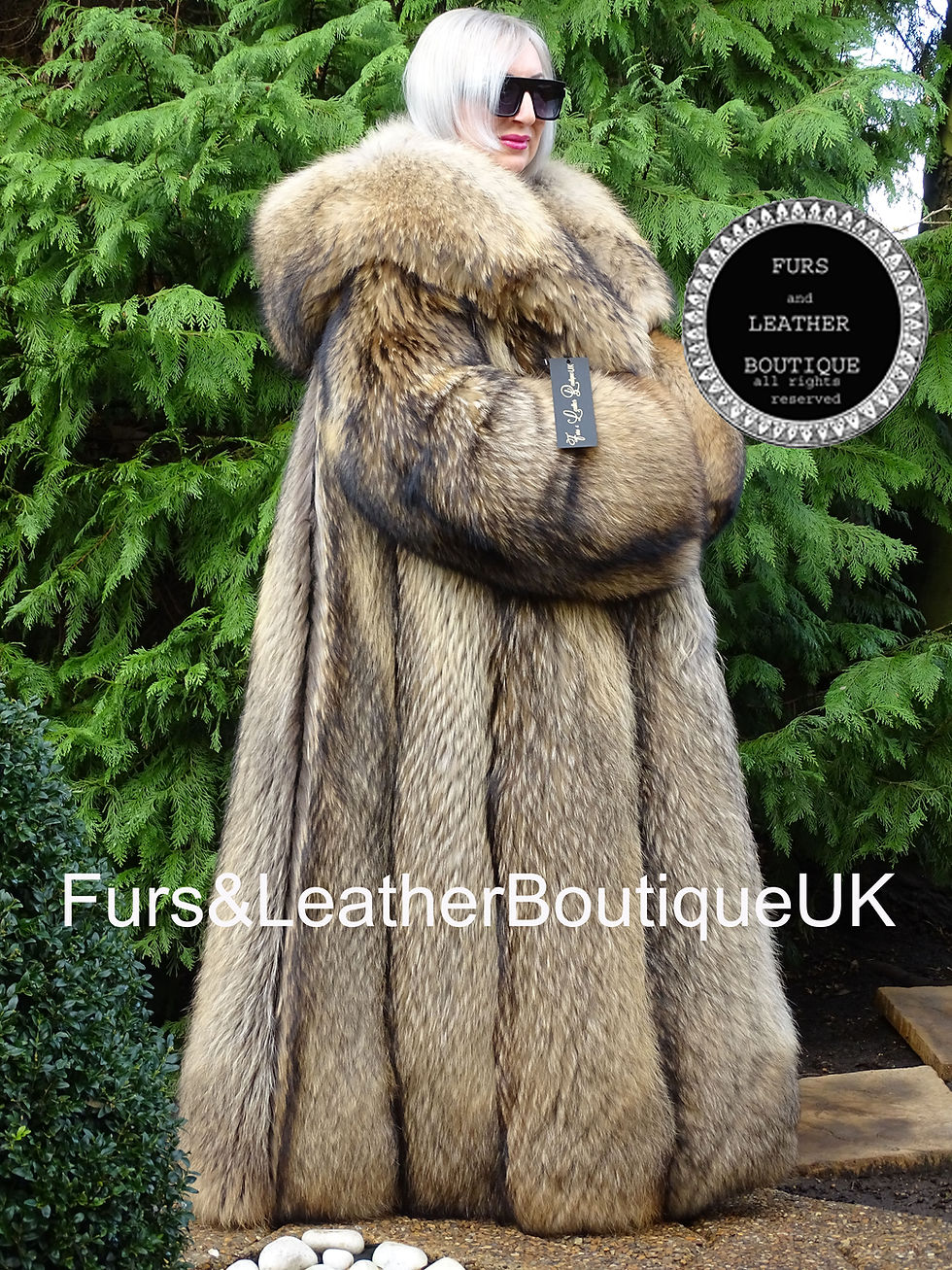 Miniaturebillede: 🔥NEW SAGA HEAVY HONEY FINN RACCOON FUR LONG SWING COAT MASSIVE SHAWL HOOD 2XL+