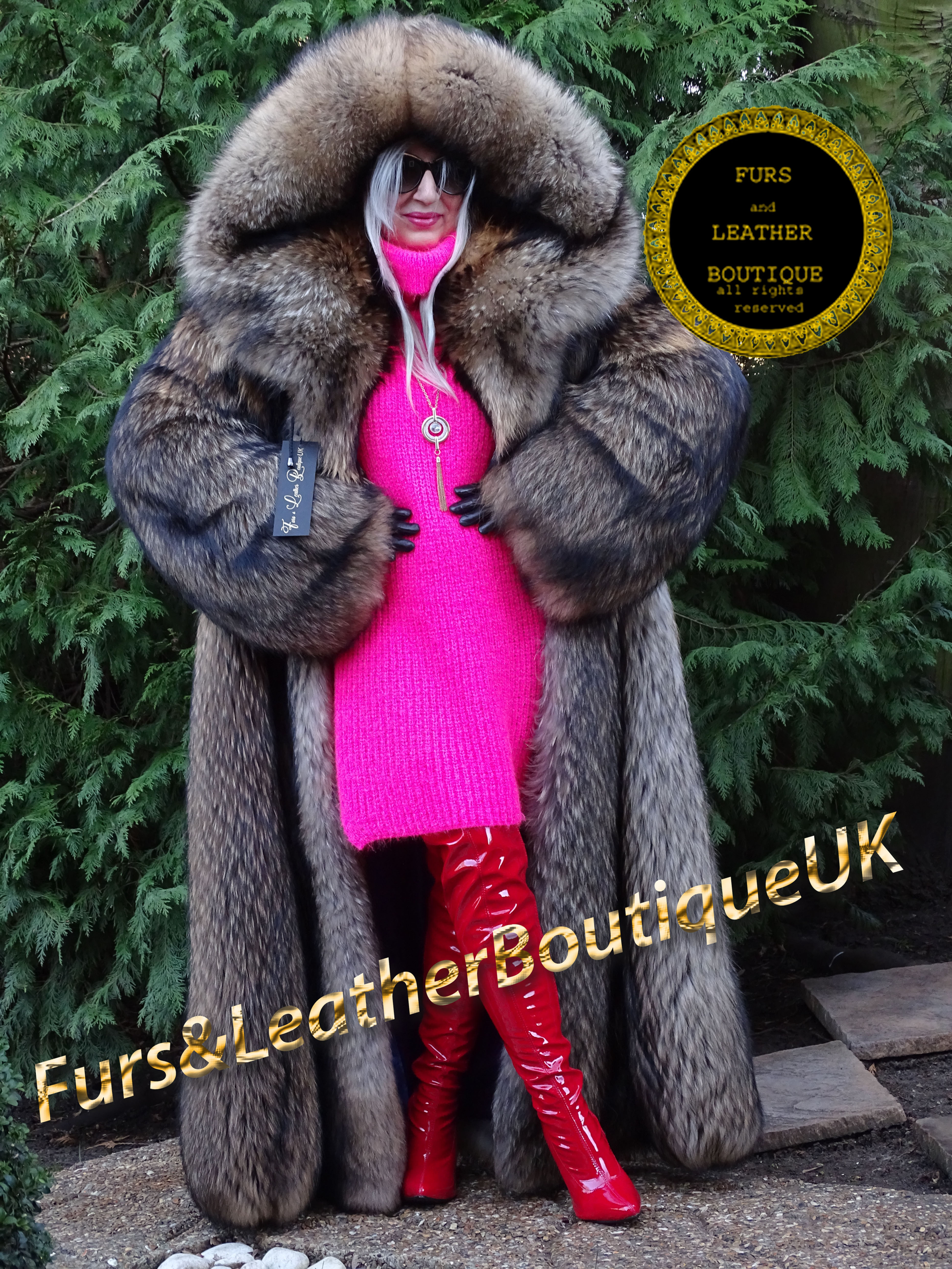 Unisex SAGA HEAVY HONEY FINN RACCOON FUR LONG SWING COAT MASSIVE SHAWL HOOD Copyright Furs and Leather Boutique UK