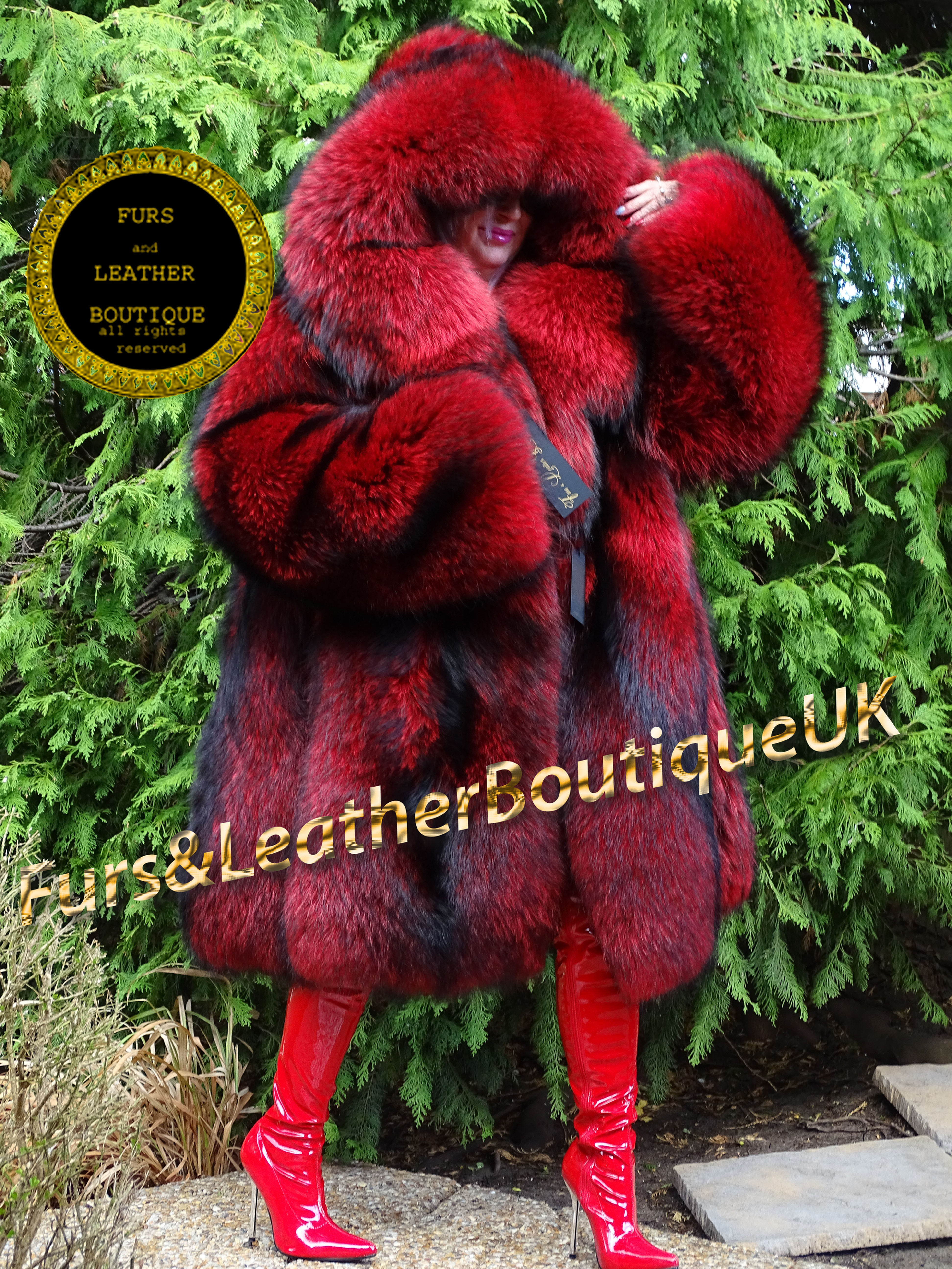 SAGA SKIN TO SKIN HEAVY FERRARI RED FINN RACCOON FUR HOODED PARKA COAT Copyright Furs and Leather Boutique UK