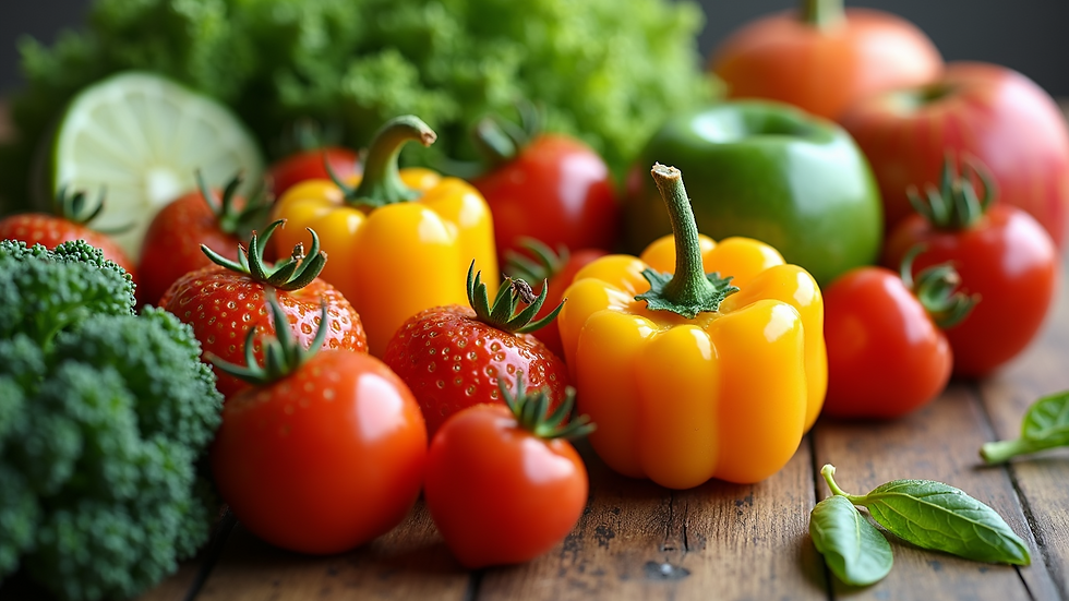 Close-up view of fresh fruits and vegetables promoting healthy eating and detoxification