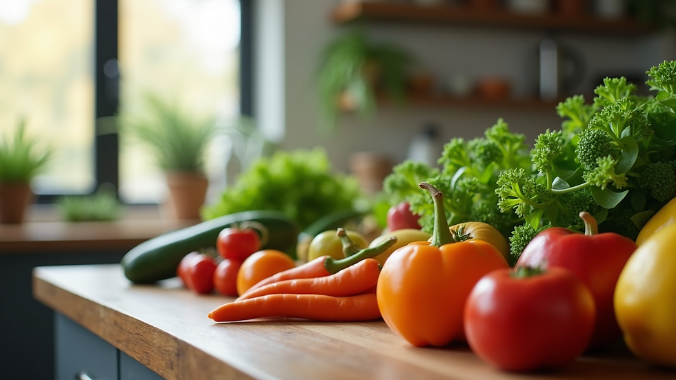 Close-up of fresh vegetables and fruits on a kitchen counter