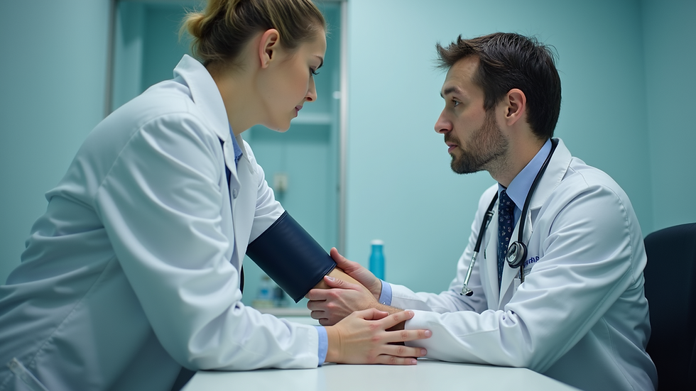 Eye-level view of a doctor measuring blood pressure in a clinic