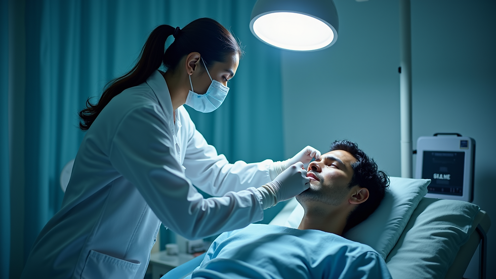 Eye-level view of a healthcare professional administering light therapy