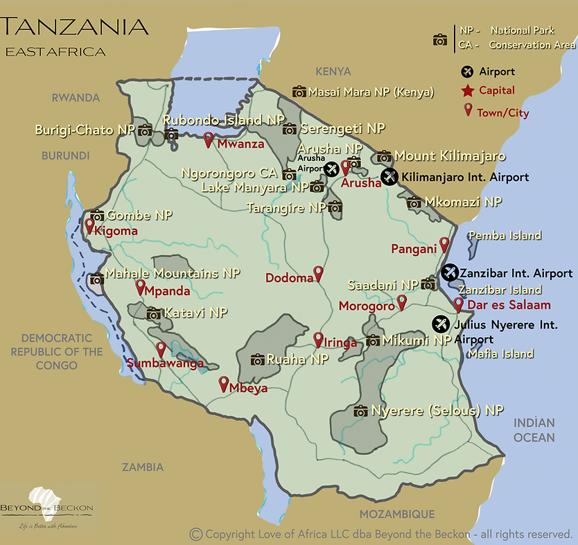 Tanzania Map - major cities, airportds and national parks