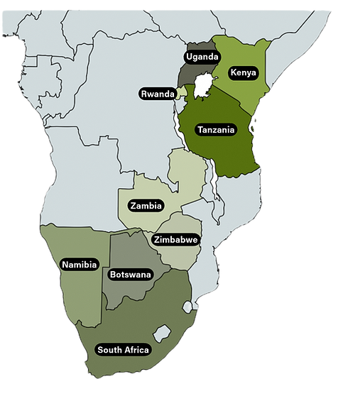 Southern Africa Map highlighting South Africa, Botswana Namibia, Zimbabwe and Zambia and East Africa map highlighting Kenya, Tanzania, Uganda, Rwanda